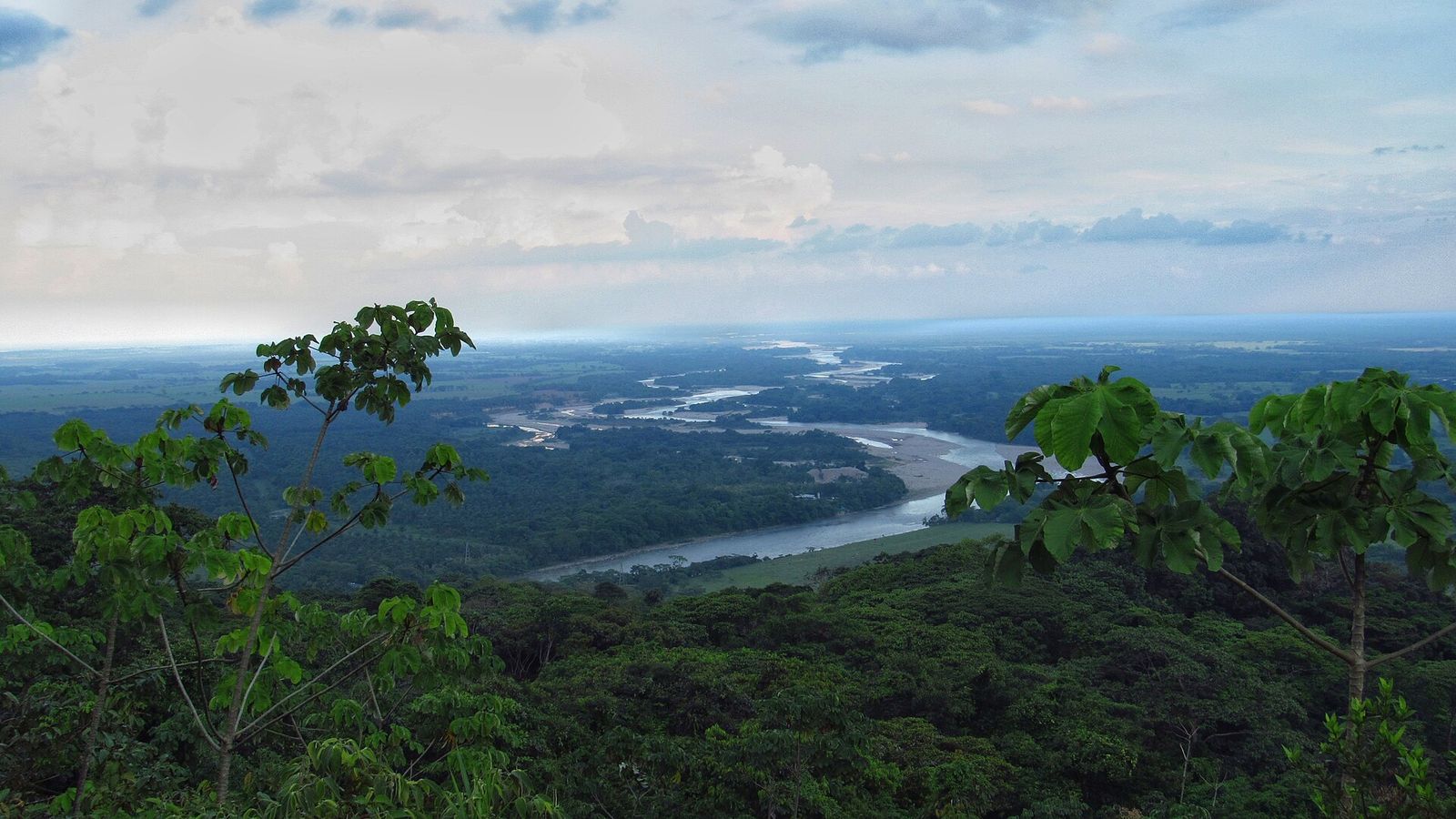 A wide river valley where forest, water and open land meet.